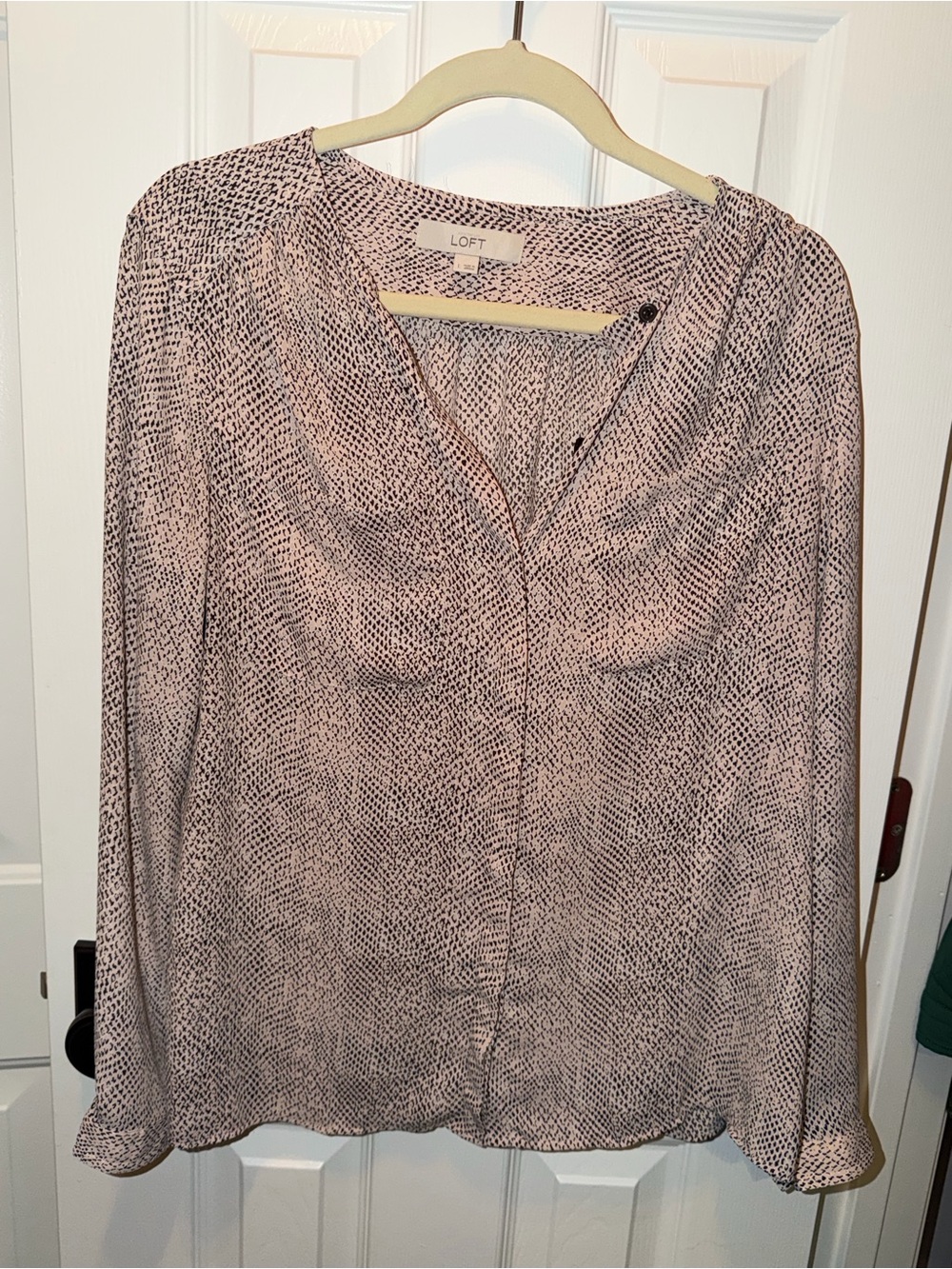 LOFT Pink Snake Print long-sleeve button-down blouse.